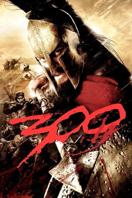 The poster depicts a dramatic battle scene with a Roman soldier in the foreground, wearing a helmet and red armor. The background features soldiers in various states of action, with a fiery, chaotic atmosphere. The bold red "300" text dominates the lower portion, emphasizing the epic nature of th...