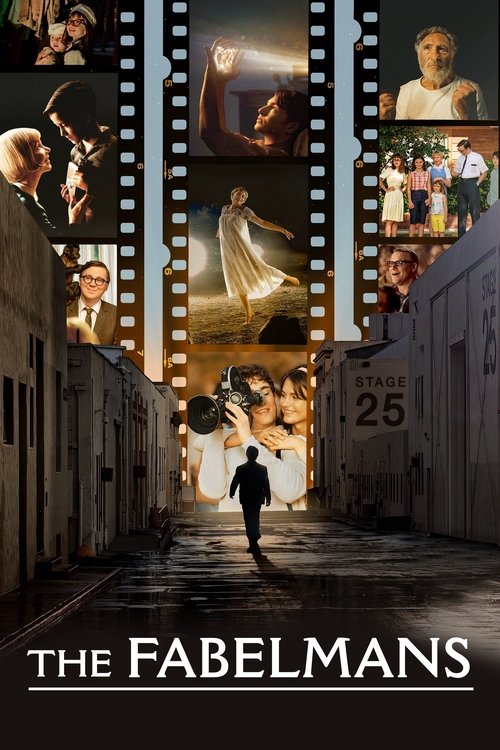 The Fabelmans poster features a silhouette of a person walking down a dimly lit alleyway, surrounded by film strips and portraits of various characters. The warm, nostalgic colors evoke a sense of mystery and intrigue, while the number "25" on the building adds an intriguing detail.