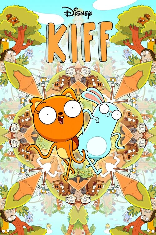 This Disney TV show poster for "Kiff" features a cheerful orange cat with wide eyes and a playful expression, surrounded by colorful leaves and whimsical characters. The bright, vibrant colors and cartoonish style create a lively and engaging atmosphere, inviting viewers to explore the show's ima...