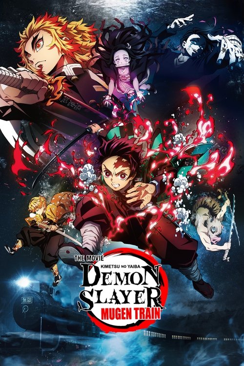 The poster features a dynamic scene with multiple characters in action, including a red-haired boy wielding a sword and a young woman with dark hair. The background is filled with swirling red energy and mystical elements, creating an intense and dramatic atmosphere. The title "Demon Slayer - Kim...