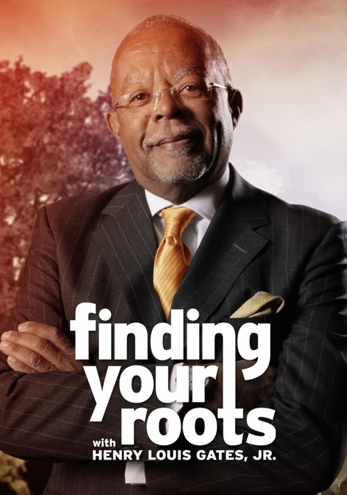 The poster features a confident Black man in a dark suit with a yellow tie, exuding authority and strength. The warm, golden background suggests a sense of heritage and tradition. Bold white text reads "Finding Your Roots," emphasizing the show's focus on cultural identity and family history.