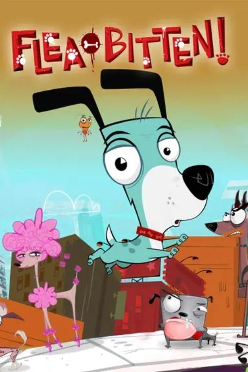 A cartoon dog with a red collar stands proudly in front of colorful buildings, surrounded by playful pink and orange creatures. The vibrant colors and cheerful expressions create a lively and fun atmosphere, capturing the essence of the show's whimsical world.