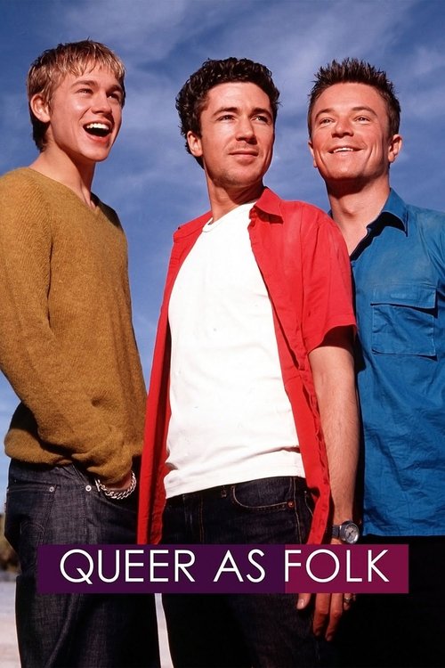 Three young men stand against a blue sky, exuding a casual and relaxed vibe. Their casual clothing and relaxed expressions suggest a fun, unfiltered atmosphere. The poster conveys a sense of camaraderie and humor, inviting viewers to explore the show's themes of queer identity and social dynamics.