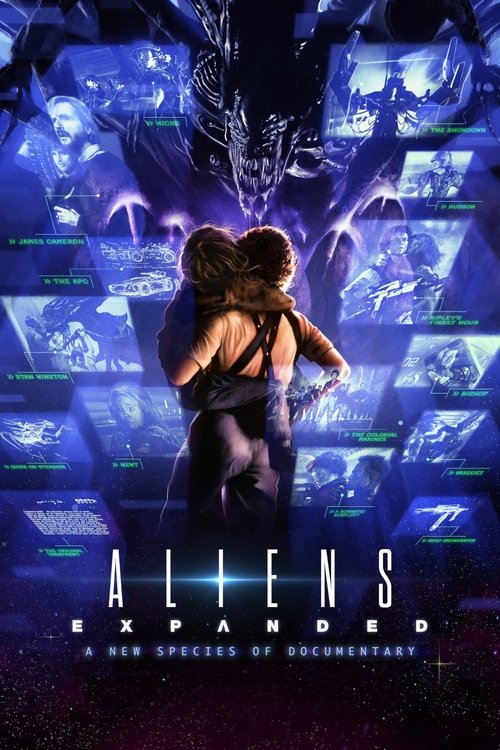 The poster features a mysterious, dark figure in the center, surrounded by glowing blue screens displaying various alien creatures. The mood is eerie and suspenseful, with deep blues and purples dominating the scene.