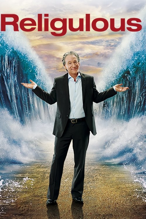 The poster features a man in a suit standing before a dramatic waterfall, with his arms outstretched. The title "Religulous" is prominently displayed in bold red letters at the top. The overall mood is mysterious and slightly ominous, with the vivid colors of the water and the man's serious expre...