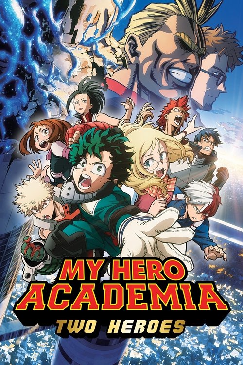 This vibrant poster showcases a dynamic ensemble of My Hero Academia characters in action, with intense expressions and energetic poses. The background features dramatic lighting and splashes of color, emphasizing the film's high-energy tone. The title "My Hero Academia: Two Heroes" is prominentl...