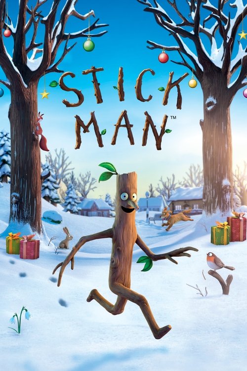 The movie poster features a cheerful, anthropomorphic stickman running through a snowy forest, surrounded by colorful gifts and bare trees. The warm sunlight bathes the scene in a cozy, magical atmosphere, evoking a sense of whimsy and holiday cheer.