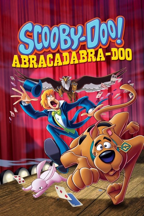 The poster features Scooby-Doo and Shaggy in action poses against a dramatic red curtain backdrop, with colorful magical symbols floating around them. The vibrant colors and dynamic composition convey excitement and adventure, capturing the playful and adventurous spirit of the film.