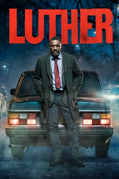 The poster features a man in a dark suit and red tie standing confidently in front of a vintage car with its headlights on. The title "LUTHER" is prominently displayed in bold red letters at the top. The overall mood is mysterious and dramatic, suggesting a thriller or crime drama.