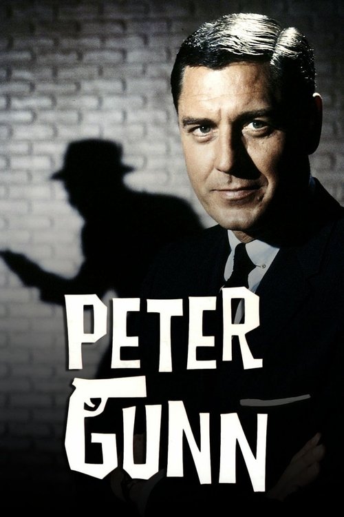 The poster features a man in a dark suit against a brick wall, casting a shadow of a figure in a hat. Bold white text reads "PETER GUNN," evoking a noir atmosphere with dramatic lighting and a mysterious, suspenseful mood.