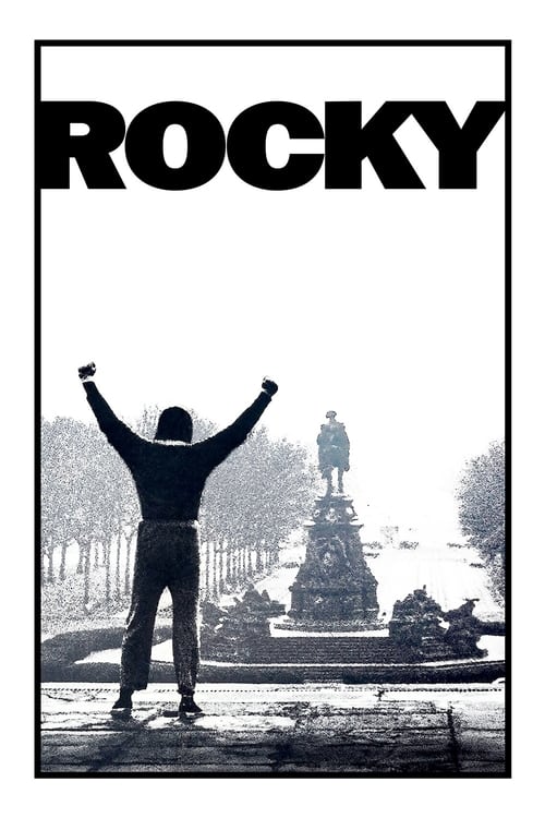 The poster features a man with arms raised in victory, set against a misty, serene landscape with a statue in the background. The bold black text "ROCKY" dominates the top, emphasizing the film's gritty yet uplifting tone.