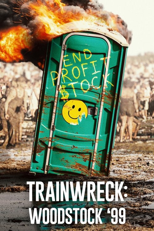 The poster features a burnt-out green train station door with a sad face, surrounded by a desolate landscape of scattered figures and flames. The title "Trainwreck: Woodstock '99" is prominently displayed in bold white text at the bottom. The overall mood is gritty and nostalgic, capturing the es...