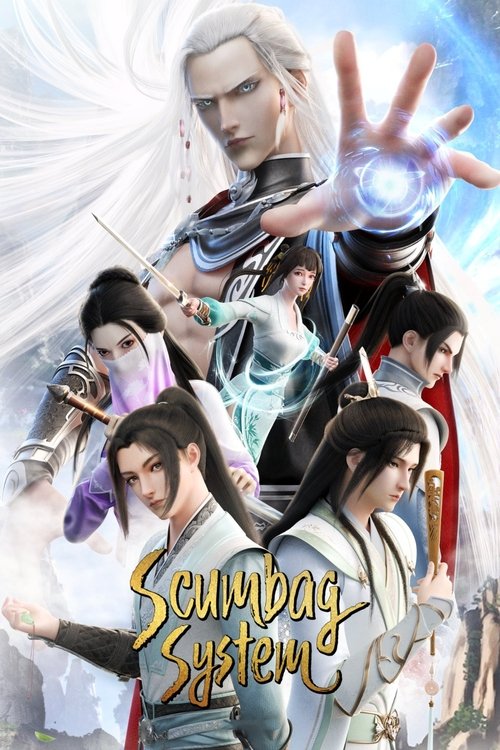 The poster features a dramatic scene with a central figure in white robes, surrounded by other characters in vibrant colors like purple, blue, and red. The mood is intense and mysterious, with dynamic poses suggesting action or confrontation. The title "Scumbag System" is prominently displayed in...