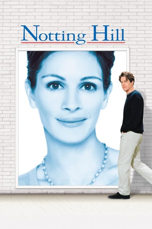 The poster features a large portrait of a woman with a serene expression, framed against a white brick wall. A man in a black shirt and beige pants walks casually beside her, adding a sense of movement and life to the scene. The muted blue tones of the woman's face contrast with the warm beige of...