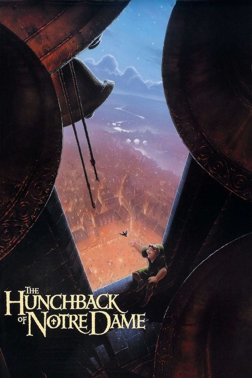 The poster captures the haunting atmosphere of "The Hunchback of Notre Dame," featuring a lone figure clinging to the edge of a crumbling cathedral. The warm, golden hues of the sunset contrast with the dark, ominous tones of the surrounding structures. The mood is one of melancholy and awe, evok...