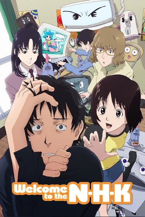 This anime poster features a group of young characters in a vibrant, colorful setting with a playful and energetic mood. The central figure looks surprised, while others display expressive emotions, creating a lively and engaging atmosphere.