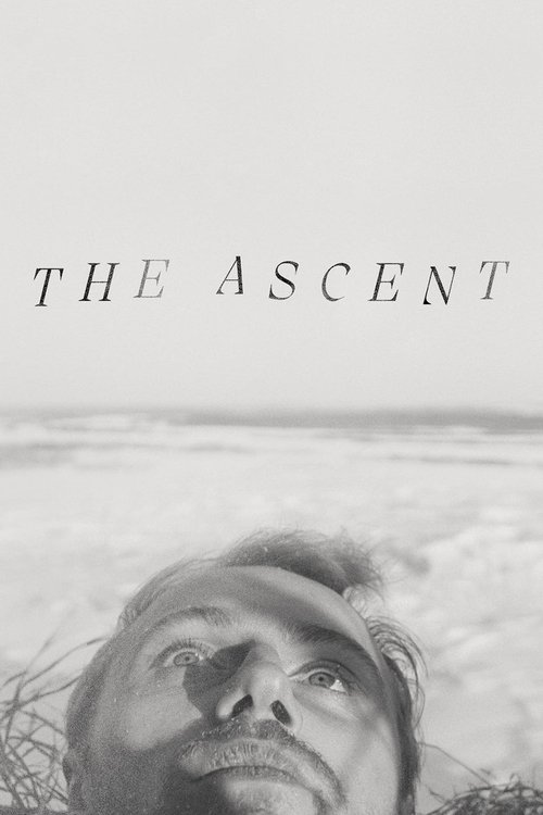 The Ascent poster features a man with long hair gazing upward against a serene, misty landscape. The monochrome palette evokes introspection and melancholy, capturing a moment of quiet contemplation.
