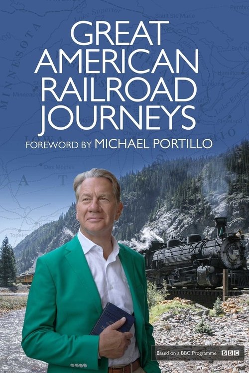 A man in a bright green jacket stands confidently in front of a vintage steam train, with a backdrop of majestic mountains and clear blue skies. The poster conveys a sense of adventure and nostalgia, inviting viewers to explore the rich history of American railroads.