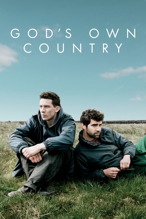 The poster features two men sitting on a grassy field under a clear blue sky, evoking a sense of quiet contemplation and connection to nature. The earthy tones of the grass and the muted colors of their clothing create a natural, serene mood, suggesting themes of rural life and introspection.