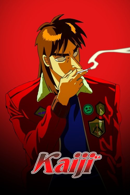 This anime poster features a dramatic, action-oriented scene with a character in a red jacket against a bold red background. The mood is intense and gritty, capturing the essence of the series' high-stakes action and suspenseful tone.