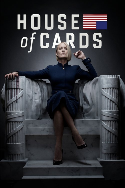 A woman in a dark blue suit sits confidently on a throne-like structure, exuding authority and power. The poster features bold typography and patriotic imagery, creating a dramatic and intense atmosphere.