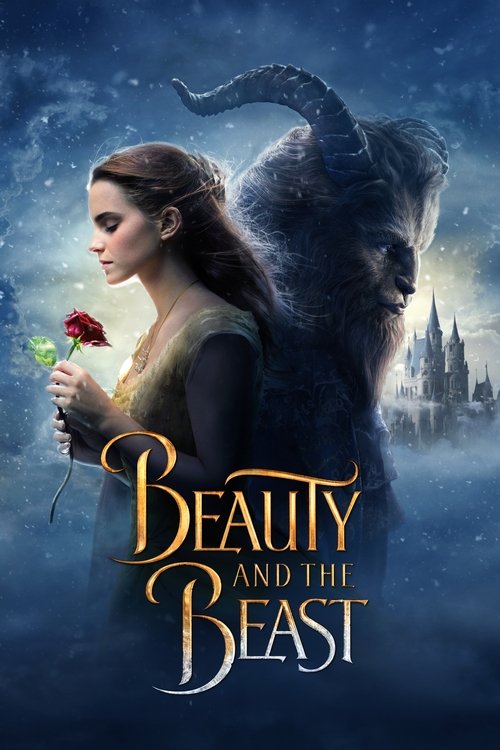 The poster features a young woman with long hair holding a red rose, set against a mystical, dark blue background. Behind her, a large, shadowy beast looms, while a castle is visible in the distance. The title "Beauty and the Beast" is elegantly written in gold lettering. The overall mood is ench...
