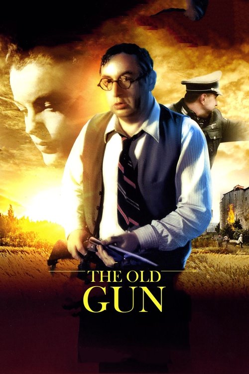The poster features a man in a vest and tie standing in front of a dramatic sunset, with a ghostly face of a man in the background and a soldier in the distance. The warm, golden hues evoke a sense of mystery and suspense, while the title "The Old Gun" is prominently displayed at the bottom.