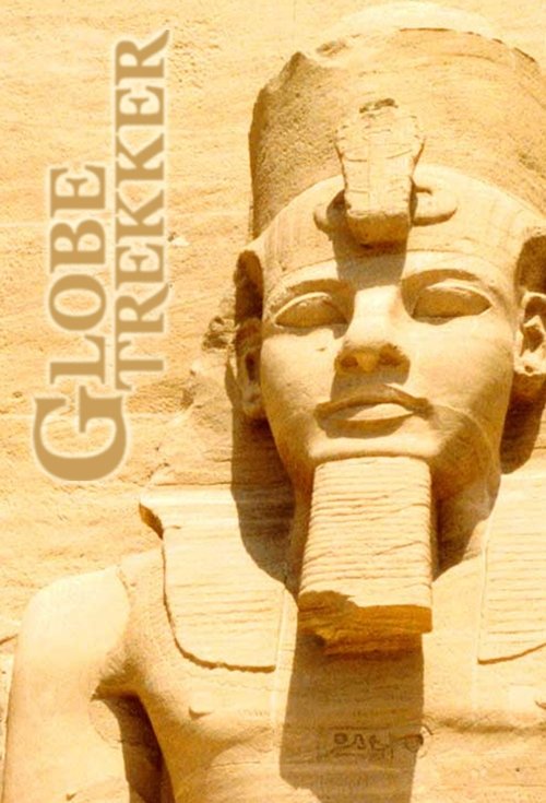 The poster features a golden, weathered statue of an ancient Egyptian figure with a serene expression, bathed in warm sunlight. The text "GLOBE TREKKER" is prominently displayed in bold, white letters against the golden background, evoking a sense of adventure and exploration.