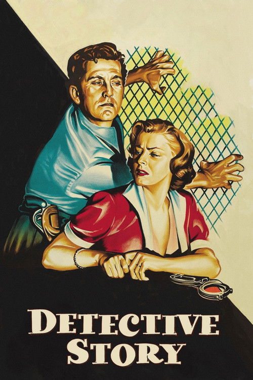 This movie poster features a dramatic scene with a man in a blue shirt and a woman in a red dress, both leaning against a fence. The man looks concerned while the woman appears distressed, suggesting a thriller or suspense genre. The bold text "Detective Story" at the bottom reinforces the film's...