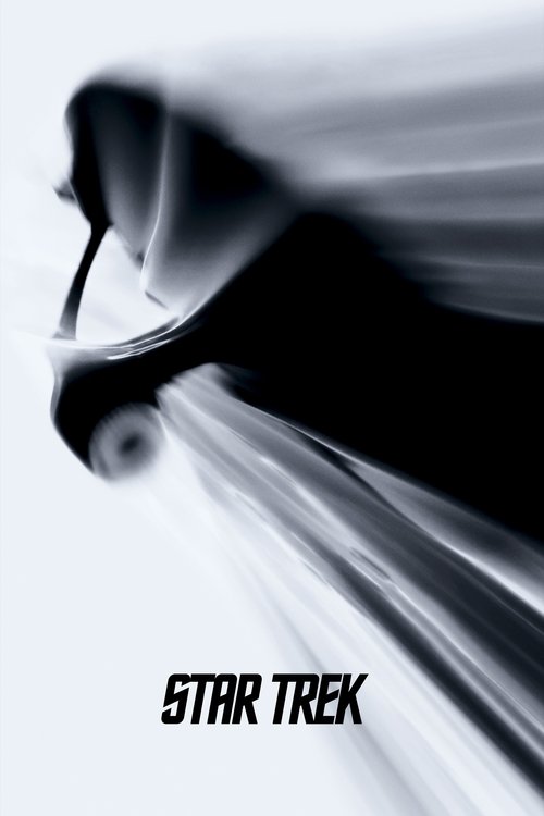 The poster features a sleek, futuristic spaceship with flowing motion blur, suggesting speed and adventure. The dark silhouette contrasts sharply with the bright, almost ethereal background, creating a mysterious and cinematic atmosphere. The bold text "STAR TREK" anchors the image, emphasizing t...