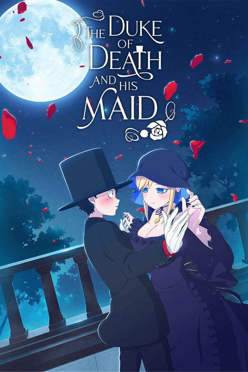 The poster features a romantic scene with a blonde maid and a dark-haired knight amidst vibrant pink and red roses. The mood is tender and intimate, capturing a moment of connection between the two characters.