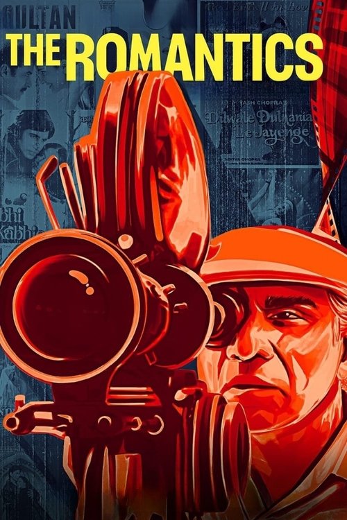 This poster features a dramatic illustration of a man in an orange hat and glasses, holding a large camera with a red lens. The background is dark with hints of blue and red, creating a moody atmosphere. The title "The Romantics" is prominently displayed in bold yellow letters at the top.