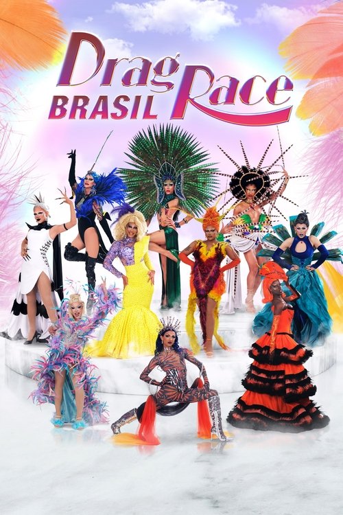 The poster features a vibrant lineup of drag queens in colorful costumes against a dreamy, pastel sky. The mood is energetic and celebratory, capturing the essence of the show's glamour and competition.