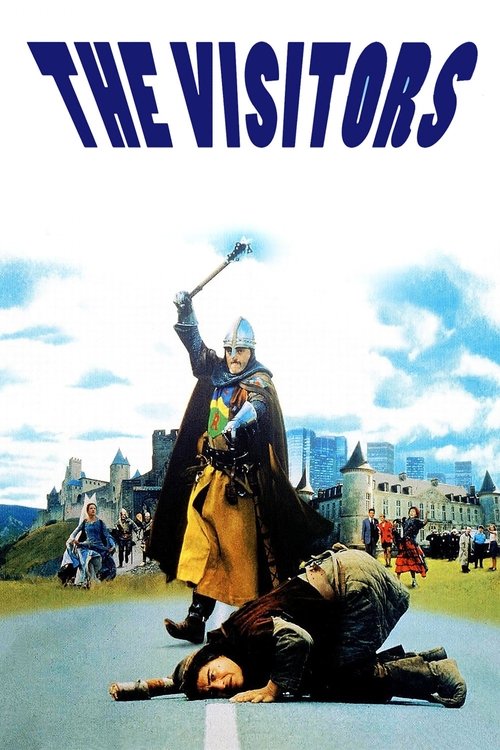 The poster features a knight in yellow and blue armor holding a staff aloft, while a man lies on the ground below. The background shows a castle under a bright blue sky with scattered clouds, and people are visible in the distance, suggesting a dramatic and adventurous setting.