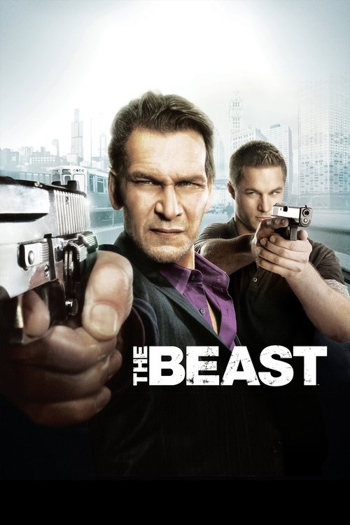 The poster features two men in tactical gear, one holding a pistol with a determined expression and the other aiming a weapon behind him. The dark, gritty colors and intense lighting create a suspenseful, action-packed atmosphere. The title "The Beast" is prominently displayed in bold white lette...