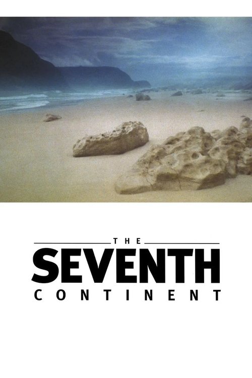 The poster features a serene beach scene with soft sand, distant hills, and a moody sky. The title "The Seventh Continent" is prominently displayed in bold, black letters at the bottom. The overall mood is calm and mysterious, evoking a sense of adventure and exploration.