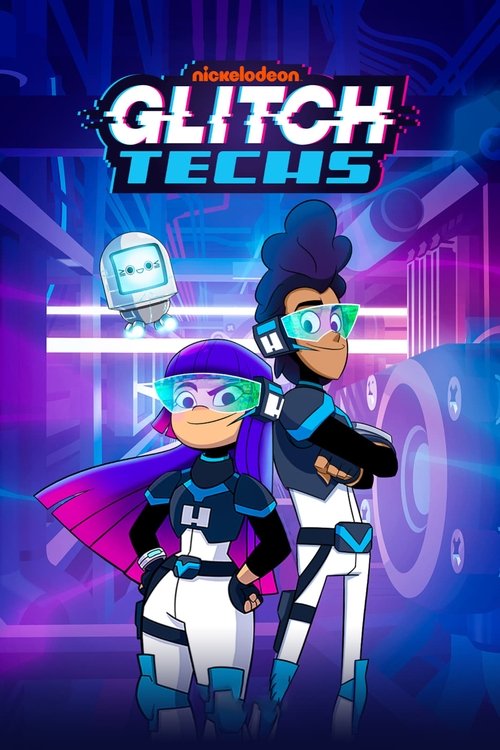 The poster features two futuristic characters in sleek, high-tech outfits with glowing blue and purple accents. The background is a vibrant mix of neon pinks, purples, and blues, creating a cyberpunk atmosphere. The title "Glitch Techs" is prominently displayed at the top in bold, metallic letter...