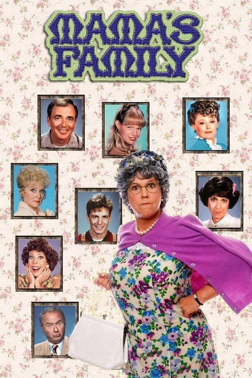 The poster features a vibrant purple woman in a floral dress holding a white bag, surrounded by nine colorful portraits of family members against a pink floral background. The cheerful and nostalgic mood suggests a warm, loving family story.