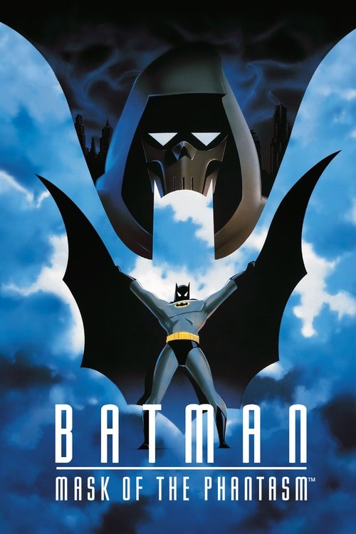The poster features Batman in a sleek, silver suit with a black mask, standing against a dramatic blue sky. His wings are spread wide, and the title "Batman: Mask of the Phantasm" is prominently displayed at the bottom. The overall mood is mysterious and intense, capturing the essence of the supe...
