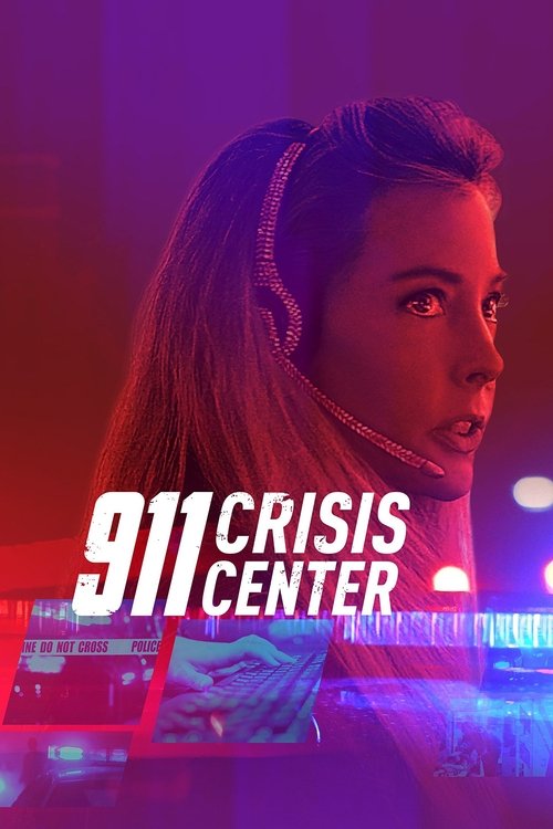 The poster features a young woman with a determined expression, her hair tied back in a ponytail, set against a vibrant purple and blue background. Neon lights and emergency equipment add to the high-stress atmosphere, conveying urgency and action. The bold text "911 CRISIS CENTER" anchors the im...