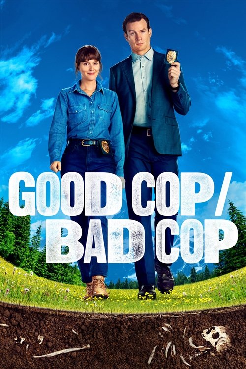 The poster features two characters standing on a grassy hill with a dramatic sky backdrop. One character holds a magnifying glass, suggesting detective work, while the other appears more casual. The bold, white text "GOOD COP/BAD COP" dominates the foreground, emphasizing the show's theme. The ov...