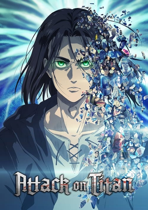 The poster features a dramatic anime character with glowing green eyes and dark hair, surrounded by a chaotic explosion of tiny figures. The intense blue and white color scheme creates a mysterious and powerful atmosphere, emphasizing the show's themes of conflict and destruction.