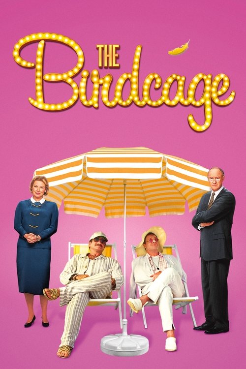 The poster features a vibrant pink background with the title "The Birdcage" in golden script. Four characters stand around a large striped umbrella, creating a relaxed yet mysterious atmosphere. The scene evokes a sense of nostalgia and whimsy, reminiscent of classic television sitcoms.