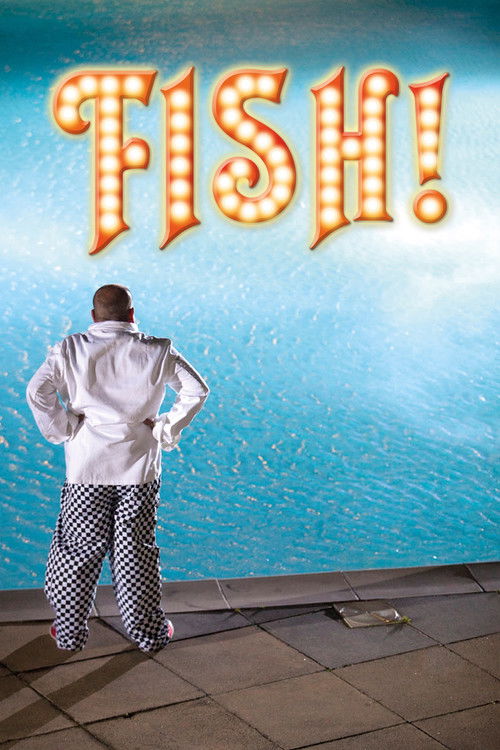 The poster features a man in a white shirt and checkered pants standing before a vibrant blue pool, with the word "FISH!" in glowing marquee lights above. The scene exudes a playful, energetic mood, capturing the excitement of a fun-filled day at the pool.