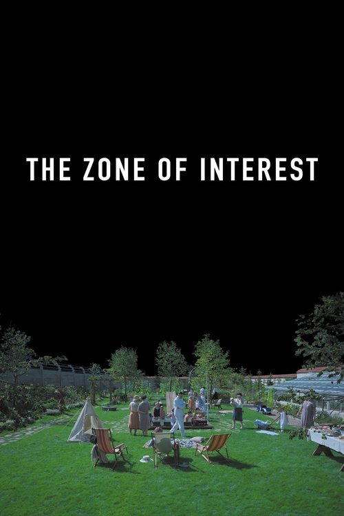 This movie poster for "The Zone of Interest" captures a serene night scene with people relaxing in tents and chairs on a grassy field. The dark background contrasts with the vibrant greenery and warm tones of the campfire, creating a cozy and peaceful atmosphere.