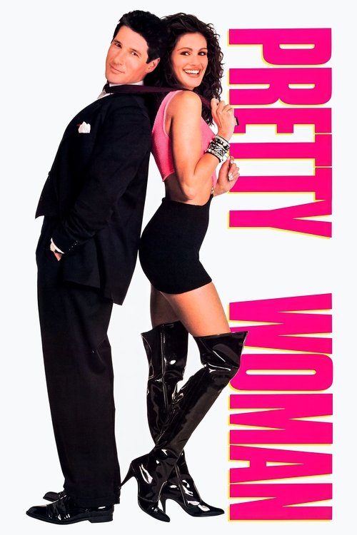 The poster features a stylish couple in black attire, exuding confidence and charm. The bold pink text "PRETTY WOMAN" dominates the right side, creating a striking contrast against the white background. The overall composition conveys a glamorous and romantic atmosphere.