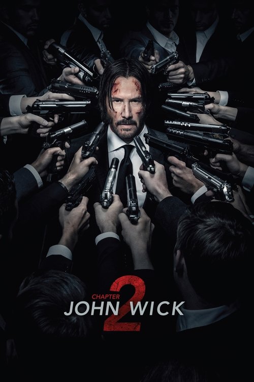 The poster features a dark, ominous scene with numerous hands gripping guns, creating a sense of chaos and danger. The central figure, John Wick, is illuminated by the harsh light of the guns, highlighting his intense expression. The muted colors and shadowy background evoke a suspenseful and gri...
