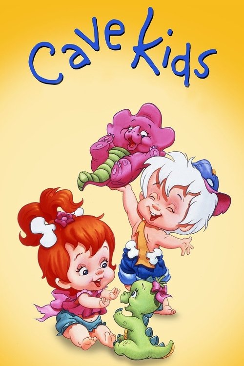 The poster features two animated characters with vibrant colors—a red-haired girl with a white bow and a white-haired boy with a blue hat—joyfully interacting with a green lizard. The background is a warm yellow, and the title "Cave Kids" is written in playful blue letters at the top. The mood is...