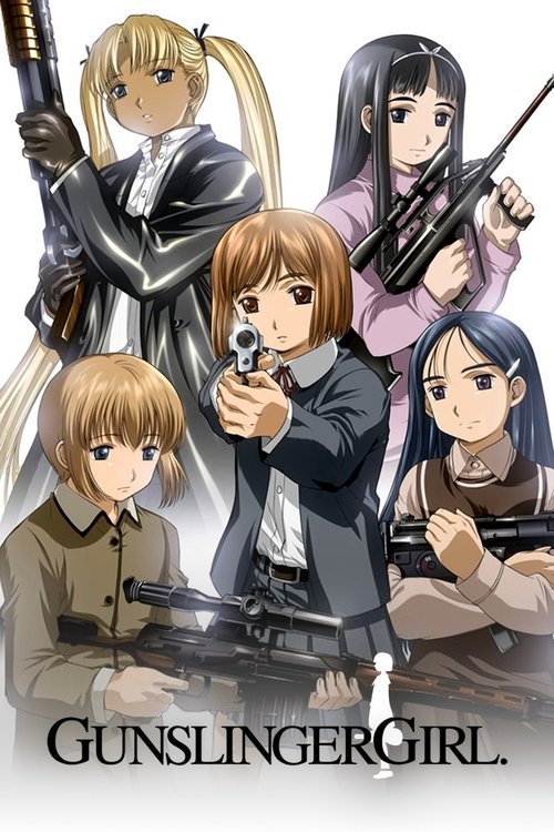 The poster features five anime-style characters in a dramatic, action-oriented scene. The blonde girl with a gun stands prominently in the background, while the central figure holds a pistol, creating a sense of tension and readiness. The characters are dressed in formal attire, with rich colors ...