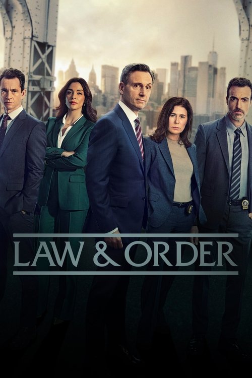 The poster features six characters standing in a professional lineup against a backdrop of a city skyline. The muted tones of the image, with its dark blues and grays, convey a serious and authoritative mood. The title "LAW & ORDER" is prominently displayed in bold, metallic lettering, emphasizin...